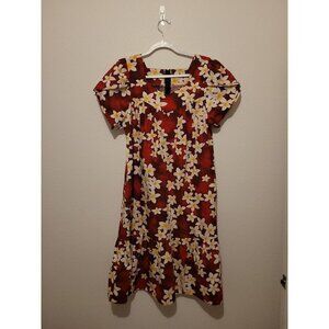 Vintage Tropical Eve Hawaii Hawaiian Luau Baby Doll Dress Floral Midi Size M Red